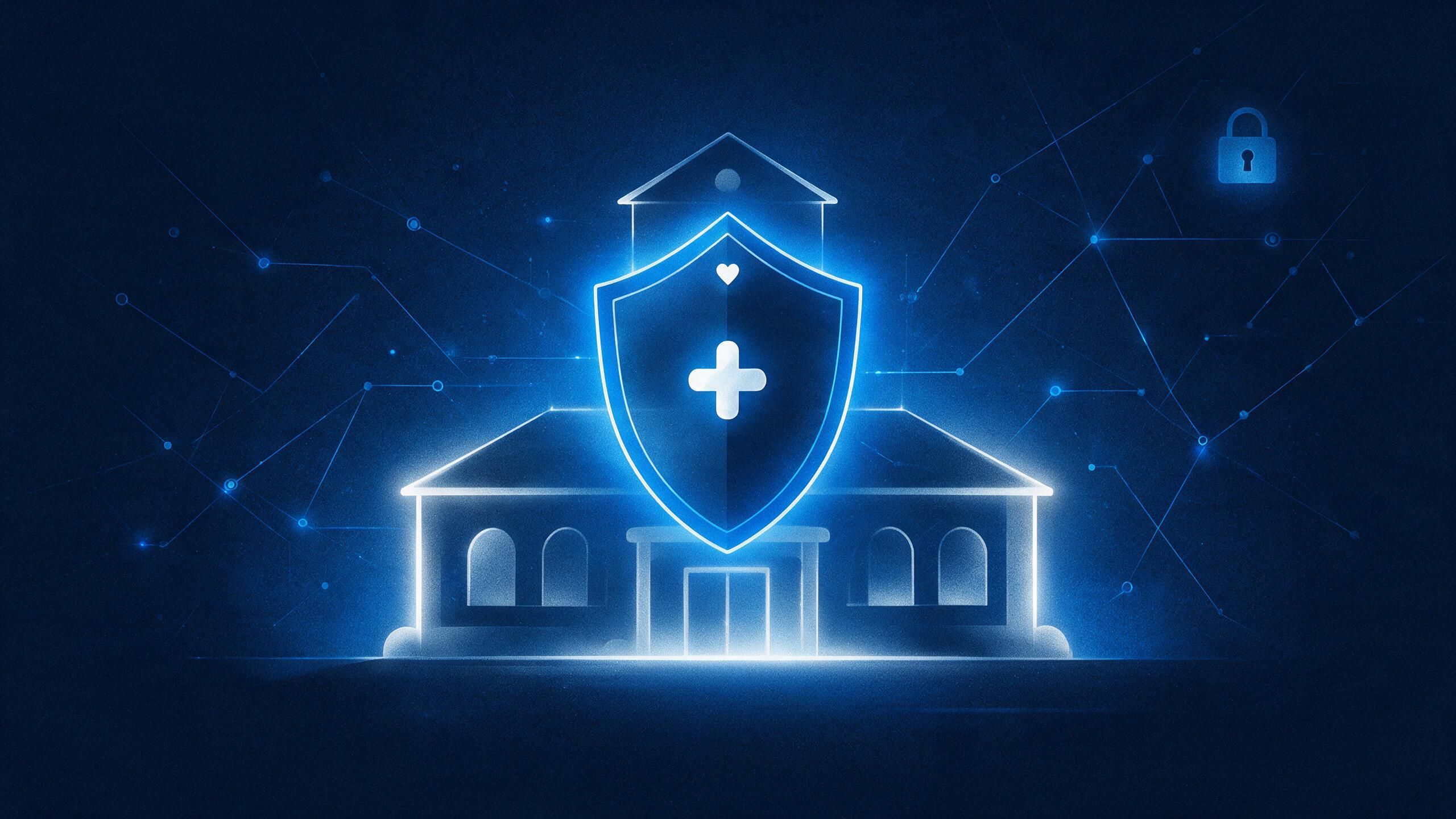 Dark navy illustration of a glowing shield over a medical clinic silhouette, representing healthcare cybersecurity in Ontario.