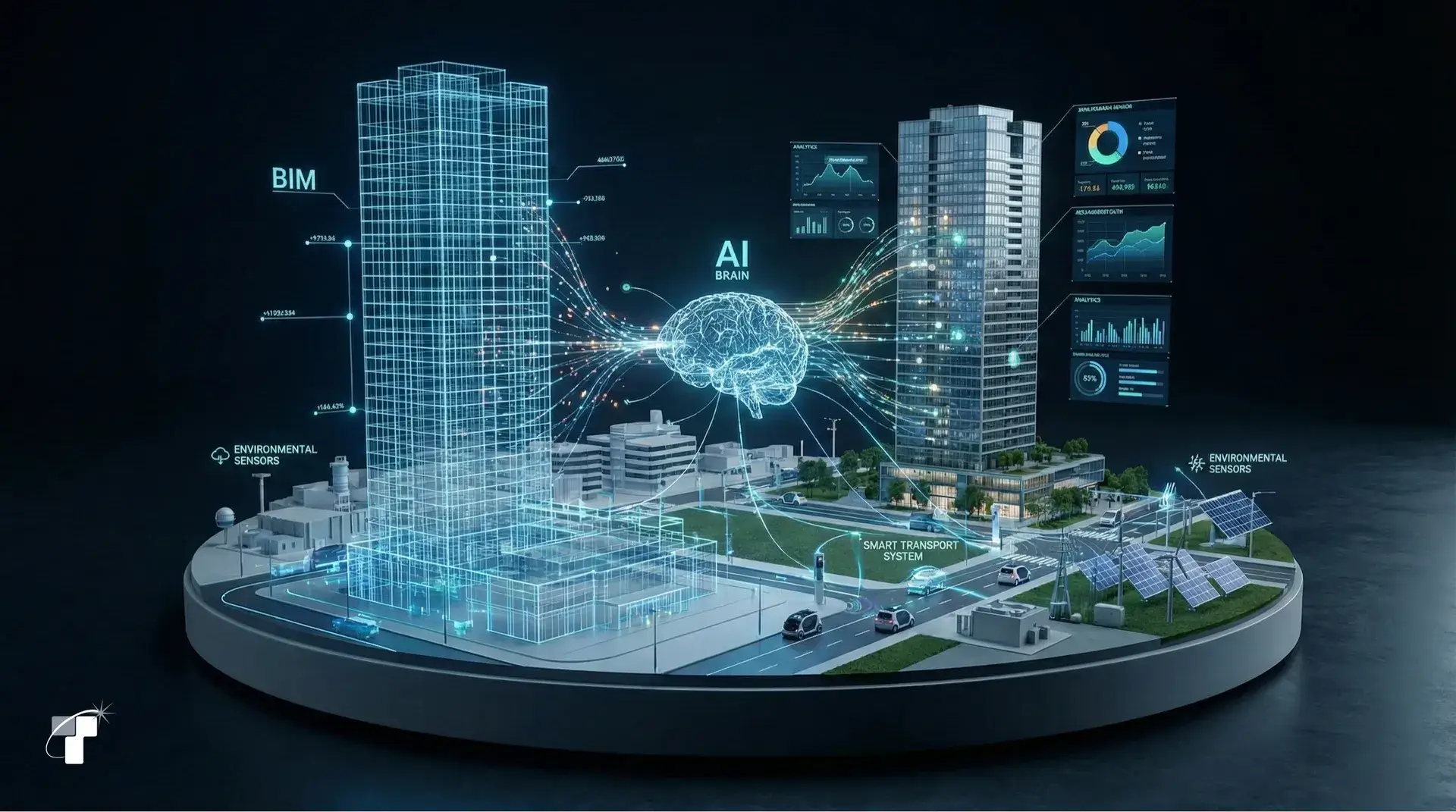 A digital twin of a city block linking a BIM wireframe tower, an AI core, and live analytics dashboards.