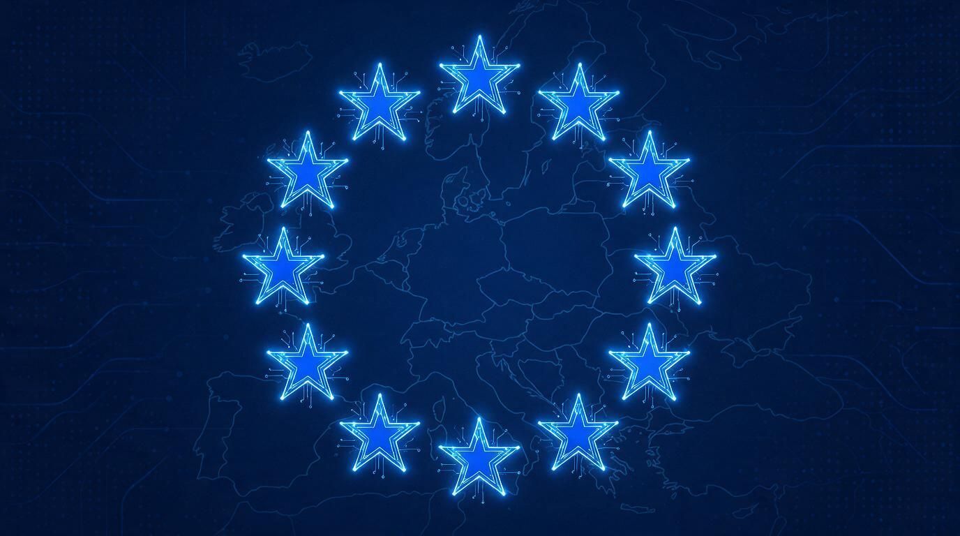 Dark navy illustration of a European regulatory column made of digital circuitry, representing EU tech regulation and its impact on IT infrastructure.